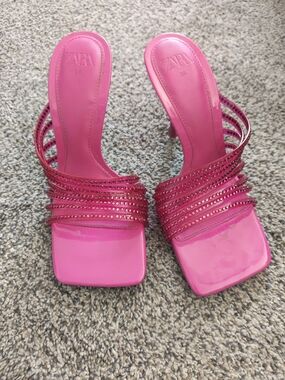 Zara Hot Pink Jeweled Strappy Mules